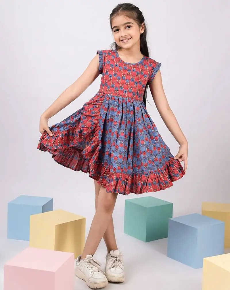 Girl's red kantha work cotton dress - traditional embroidered summer dress with floral print (ages 2-8)