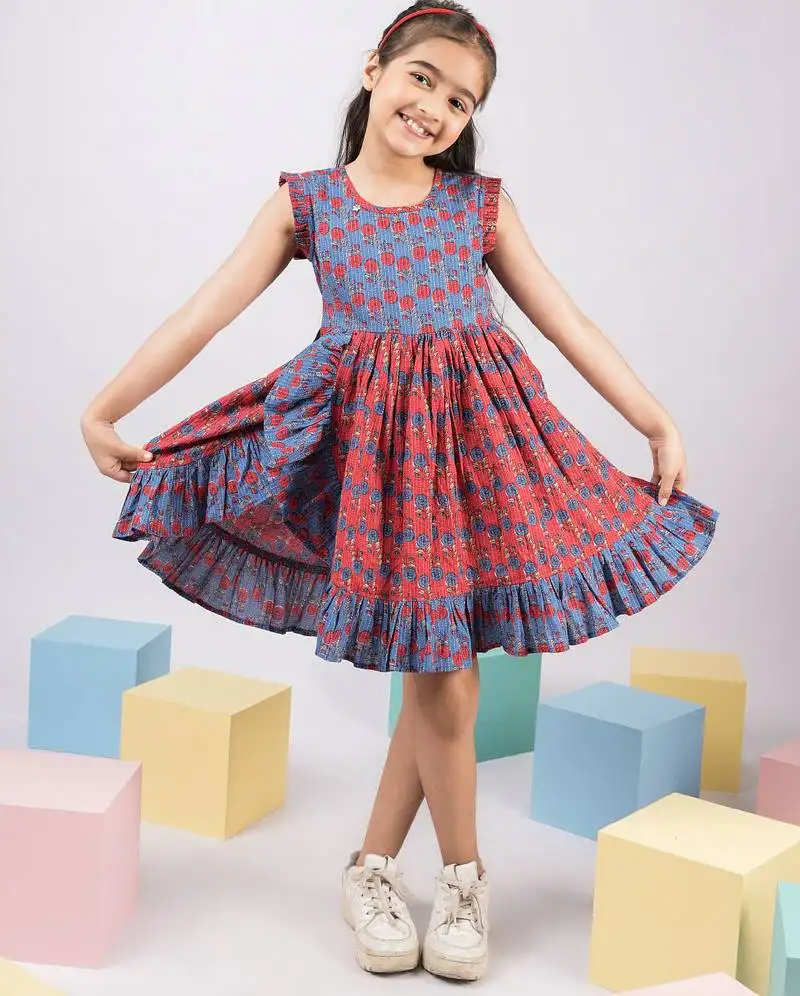 Girl's blue kantha work cotton dress - traditional embroidered summer dress with floral print (ages 2-8)