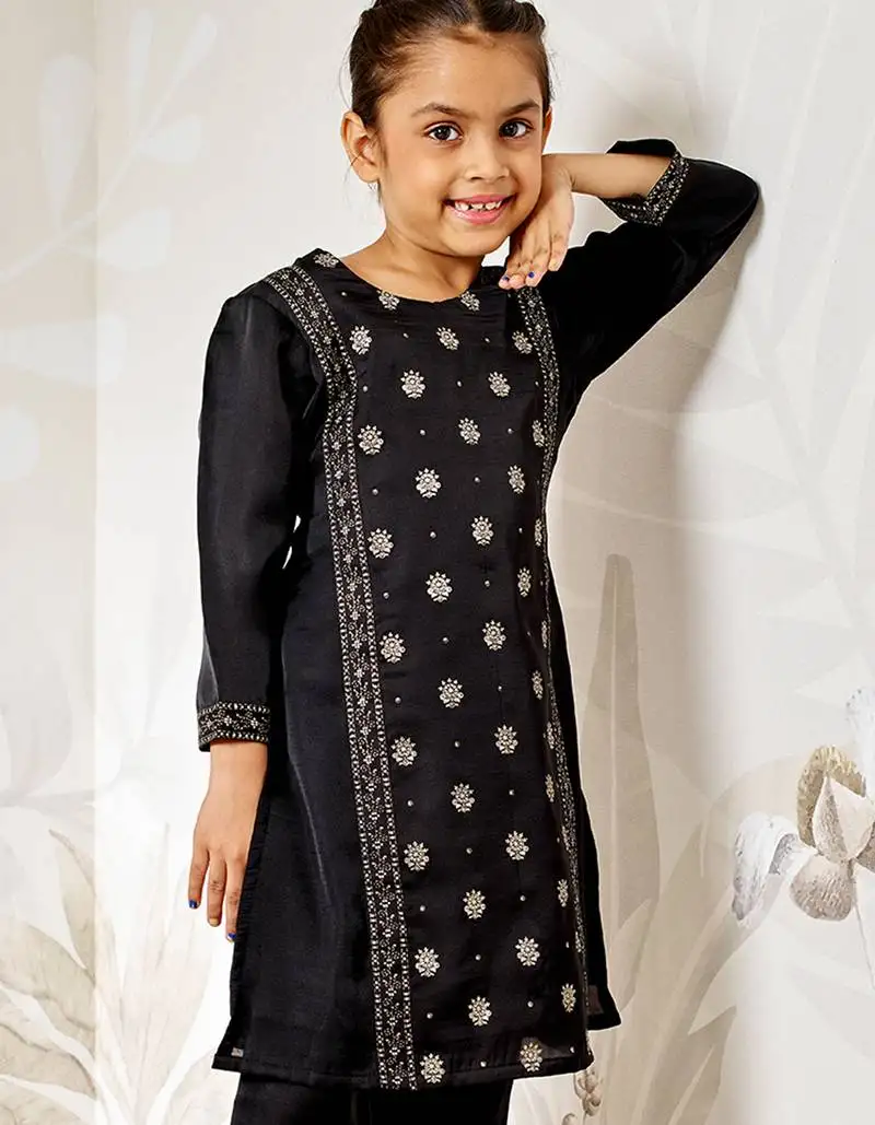 Girl's black silk kurta - ethnic motif foil print traditional raksha bandhan wedding diwali festive wear (22-30)