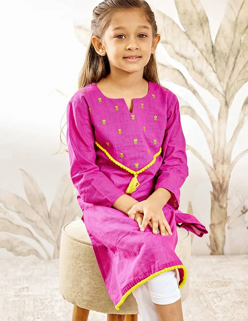 Girl's traditional raksha bandhan purple cotton kurta with thread embroidery floral design for festival wear