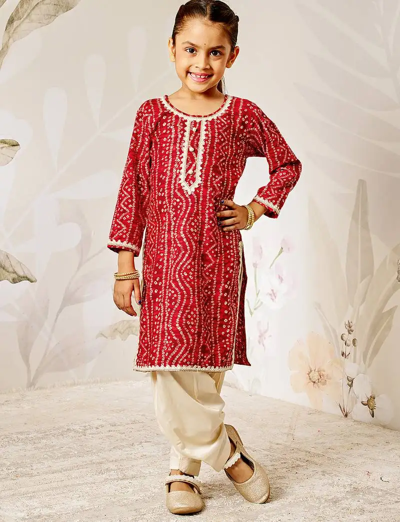 Girl's traditional red bandhani kurta patiala set with foil print bandhani for festival wear (22-30)