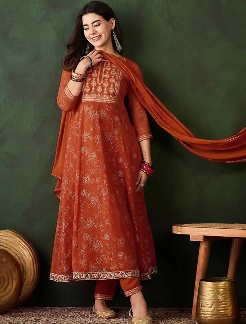 Orange georgette print with thread embroidery work kurta pant set