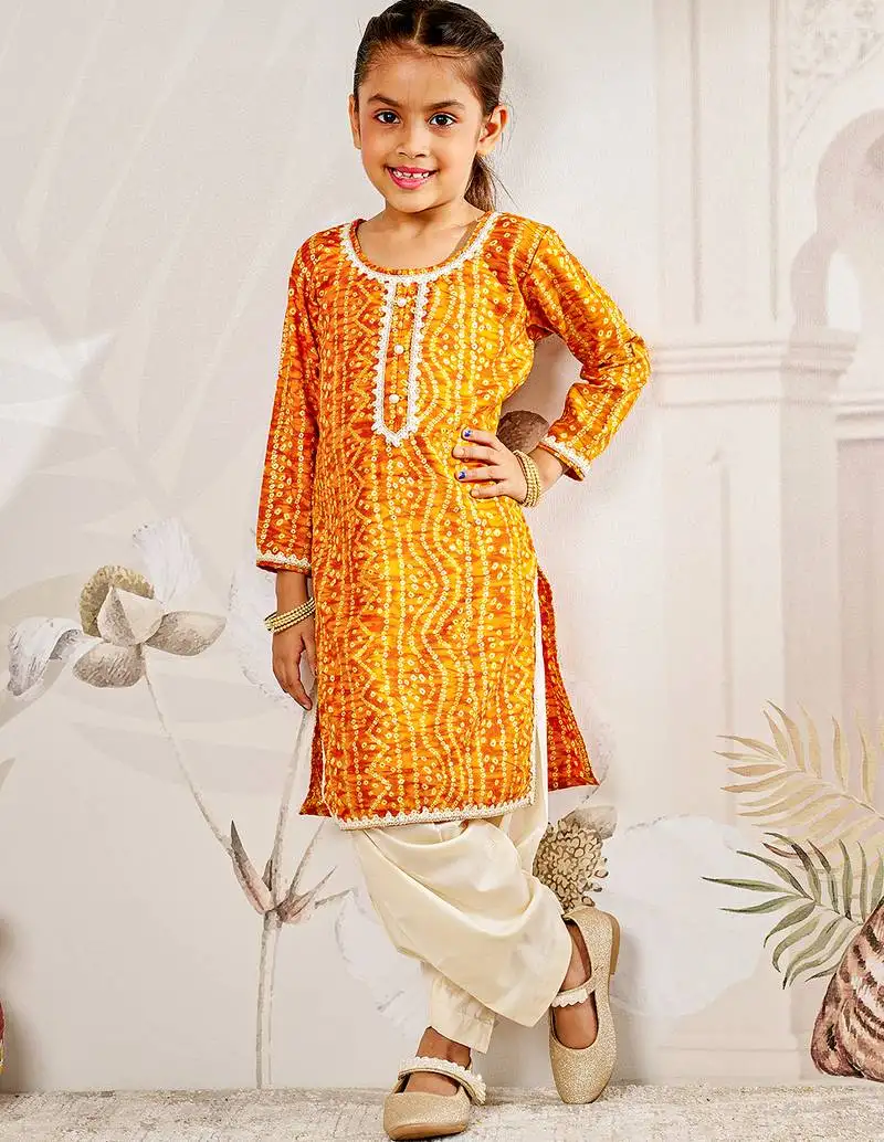 Girl's traditional mustard bandhani kurta patiala set with foil print bandhani for festival wear (22-30)
