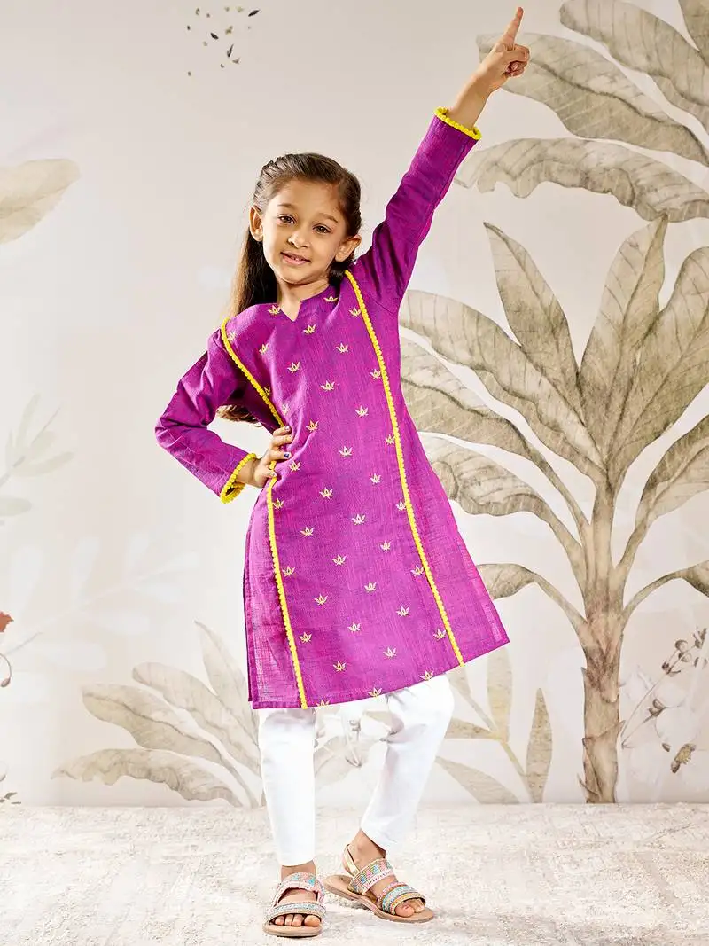 Girl's traditional purple cotton kurta leggings set with thread embroidery for festival casual wear (22-30)