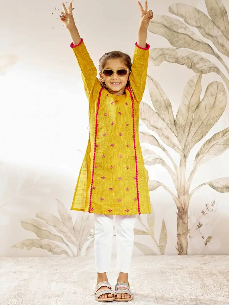 Girl's traditional mustard cotton kurta leggings set with thread embroidery for festival casual wear (22-30)