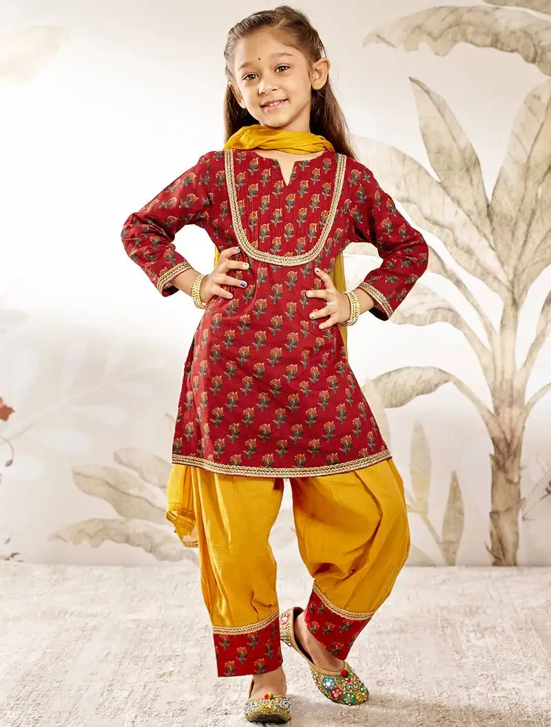 Girl's traditional raksha bandhan outfit - red cotton kurta patiala dupatta set with floral print for festival wear