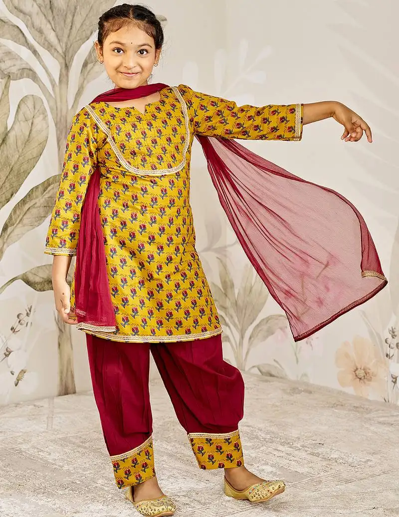 Girl tween cotton kurta set with dupatta - mustard floral print traditional wear rakhi designer ethnic festival outfit