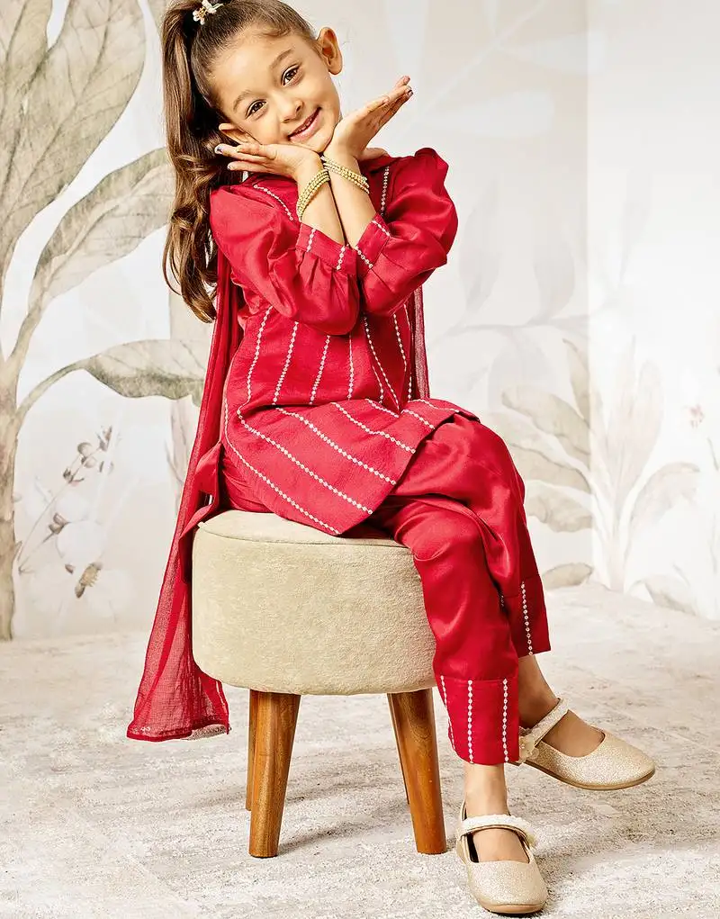 Girl's wedding festive silk kurta set with dupatta - maroon sequin embroidered traditional ethnic wear raksha bandhan