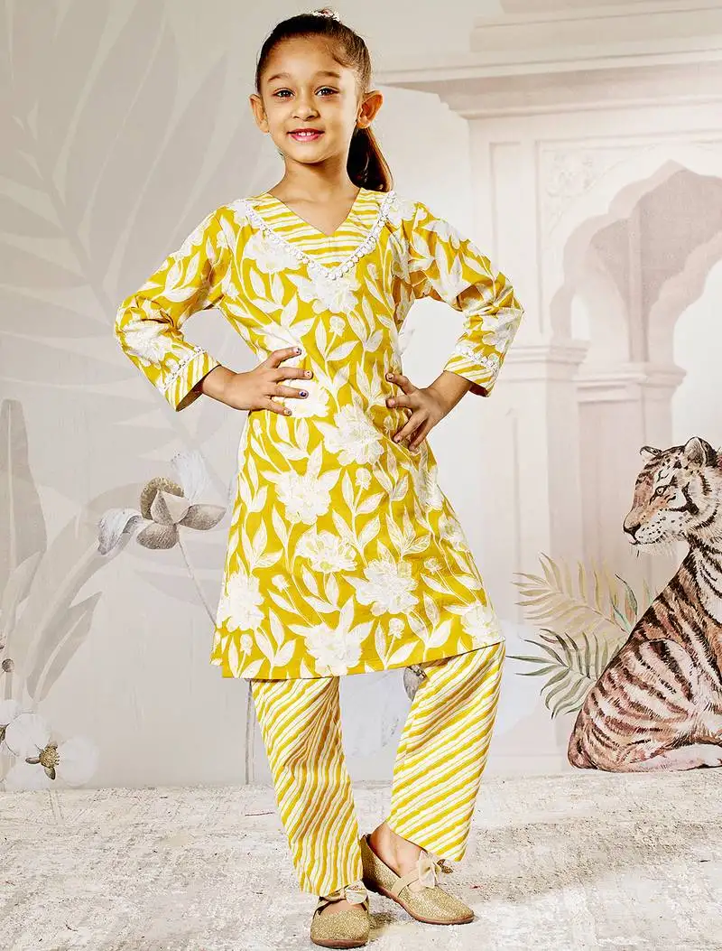 Girl's yellow cotton kurta pyjama set - floral print traditional raksha bandhan summer casual festive wear (22-30)