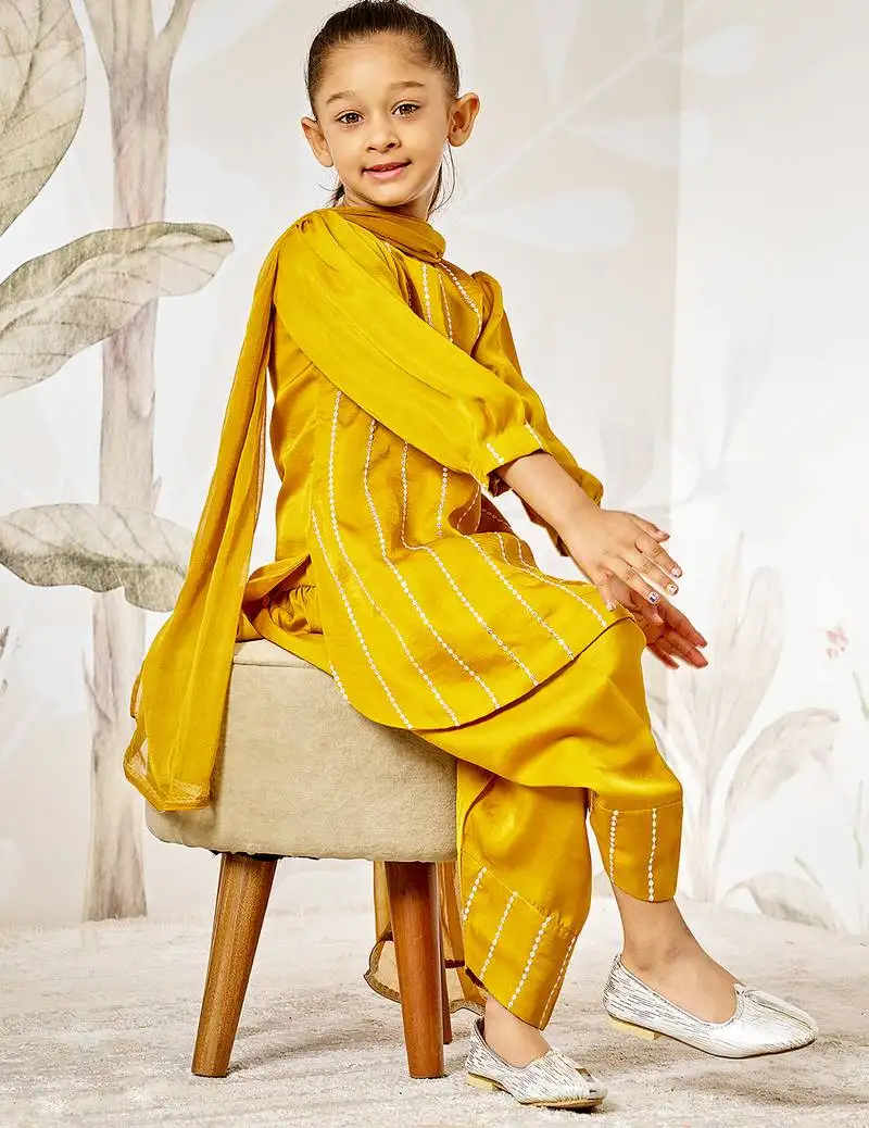 Girl's silk kurta set with dupatta - mustard sequin embroidered traditional ethnic wear raksha bandhan wedding outfit