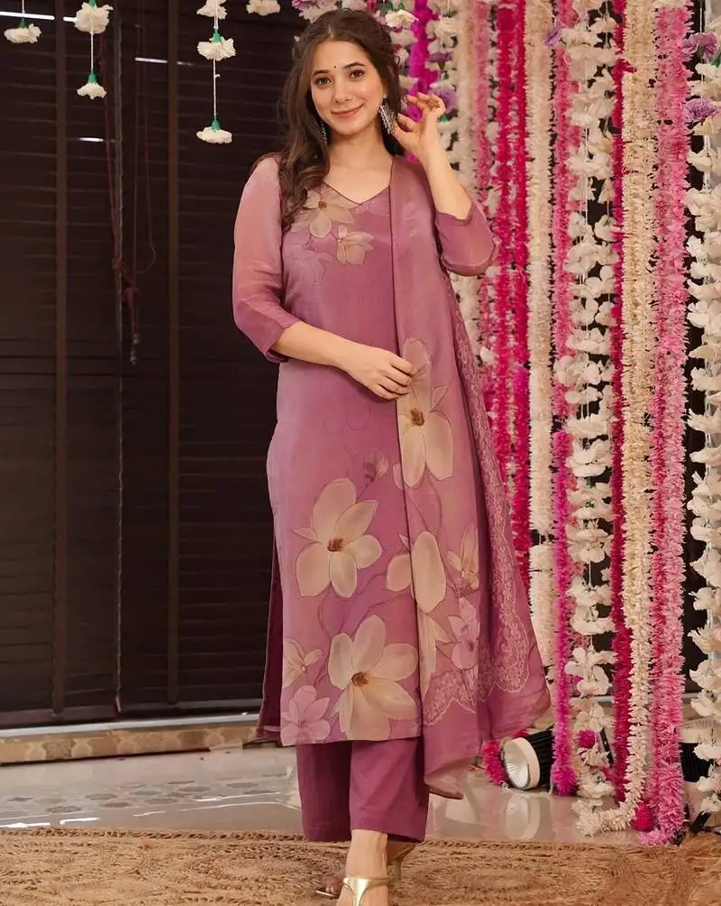 Onion pink silk printed kurta pant set