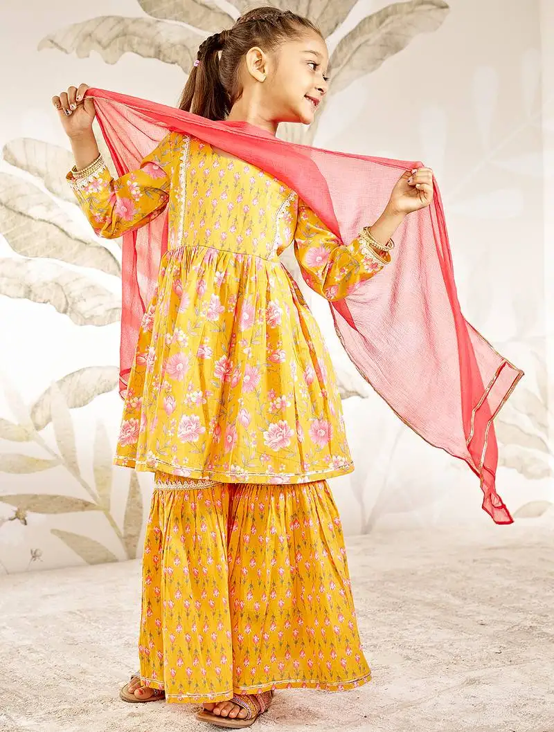 Girl's orange floral print kurta sharara set with dupatta - traditional raksha bandhan ethnic wear for kids (22-30)