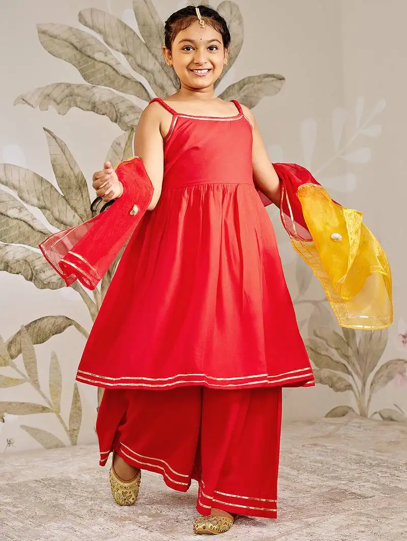 Girl's traditional raksha bandhan outfit - red rayon kurta palazzo set with organza dupatta for festival wear
