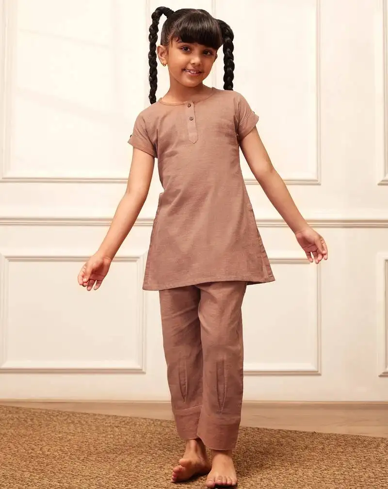 Girl's rose pink cotton yoga kurta set with straight pants for kids (age 9-15 years)