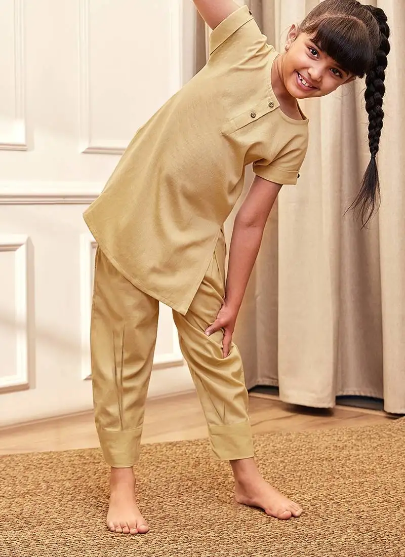 Girl's chiku cotton yoga kurta set with straight pants for kids (age 9-15 years)
