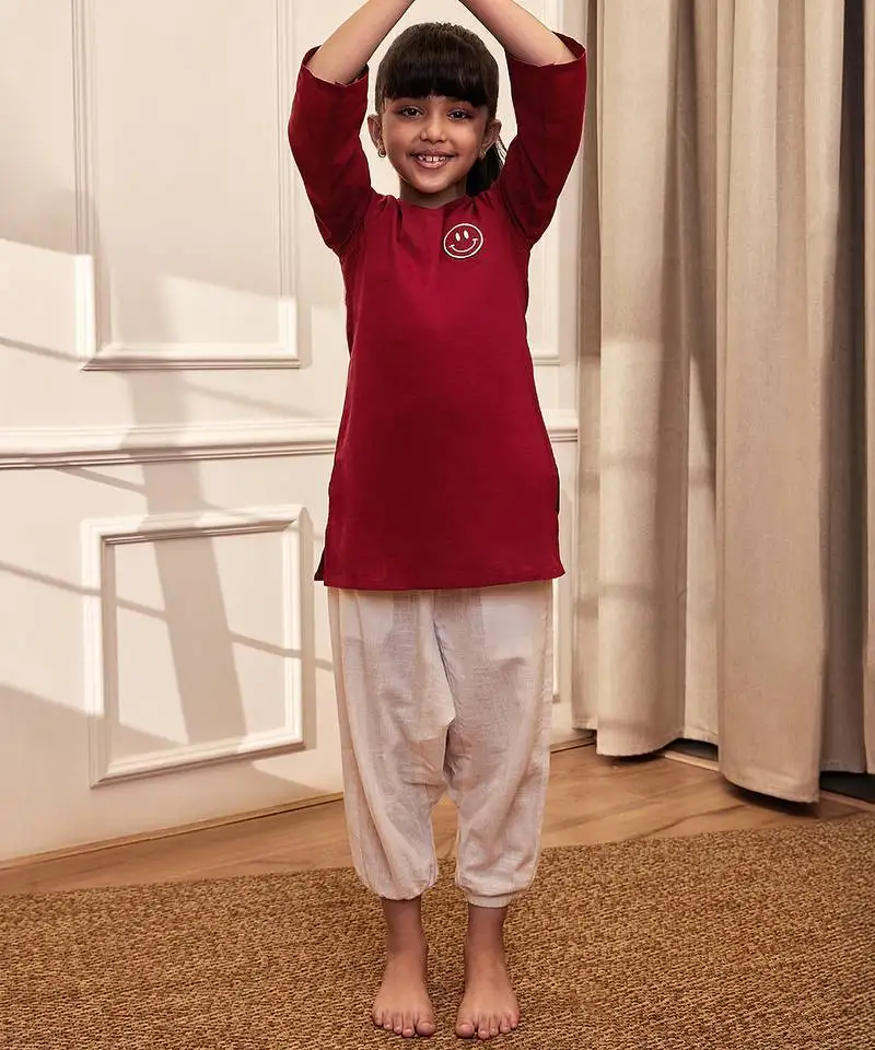 Girl's maroon embroidered cotton yoga kurta set with white harem pants (age 9-15 years)