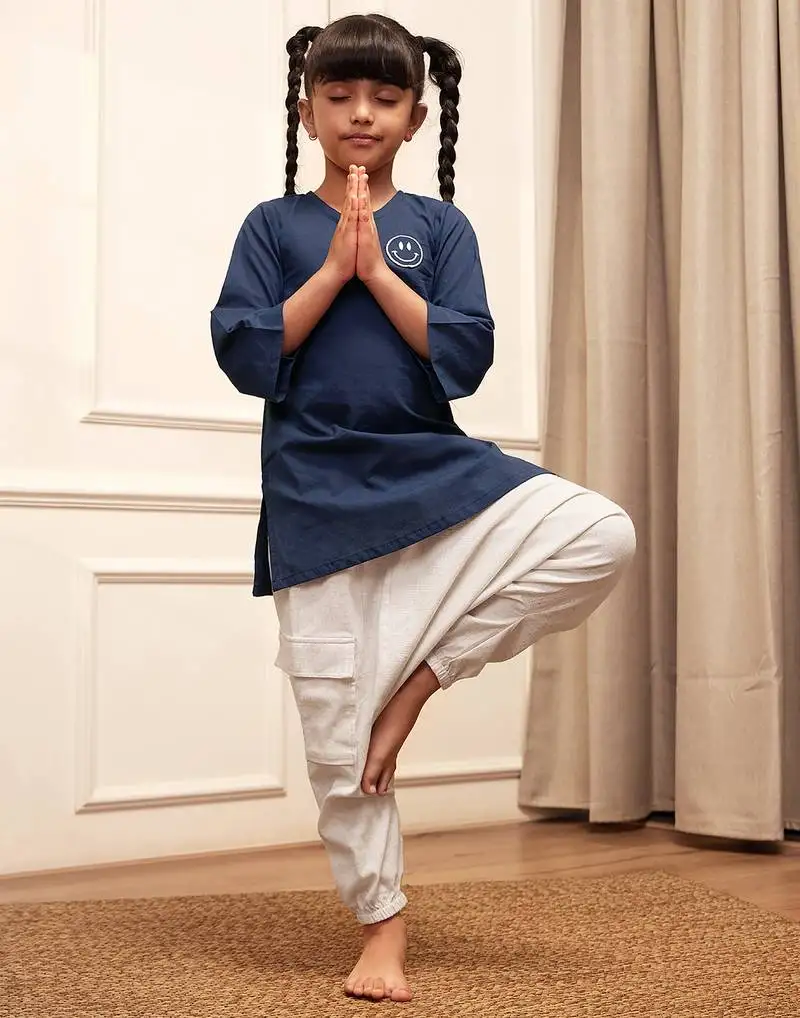 Girl's navy blue embroidered cotton yoga kurta set with white harem pants (age 9-15 years)