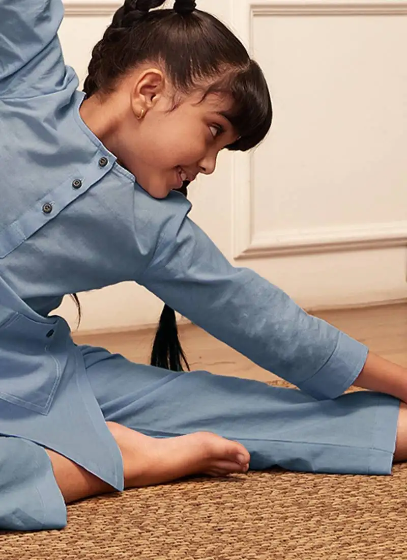 Girl's aqua cotton kurta set with kantha embroidery