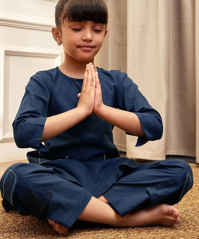 Girl's navy blue cotton kurta set with kantha embroidery