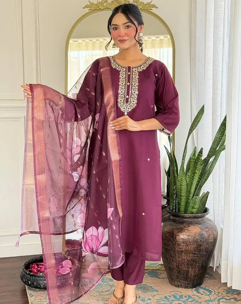 Wine rayon heavy thread embroidery work with printed dupatta kurta pant set
