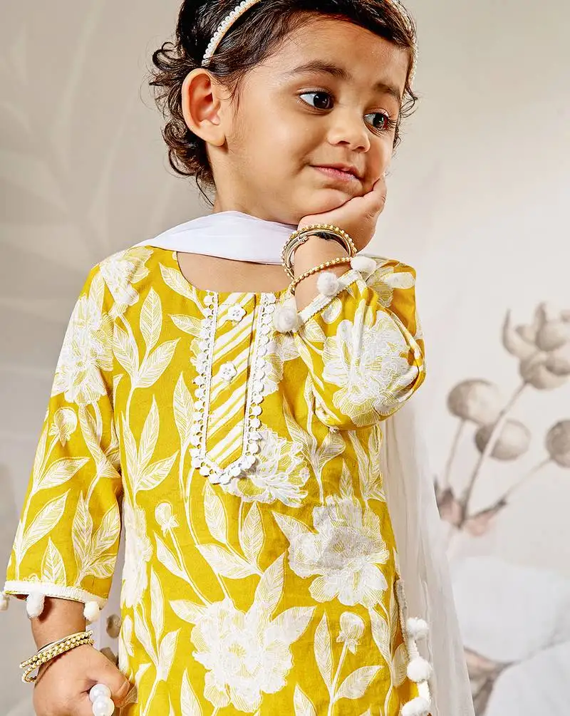 Girl's traditional yellow cotton kurta sharara set with dupatta floral print for festival wear (22-30)