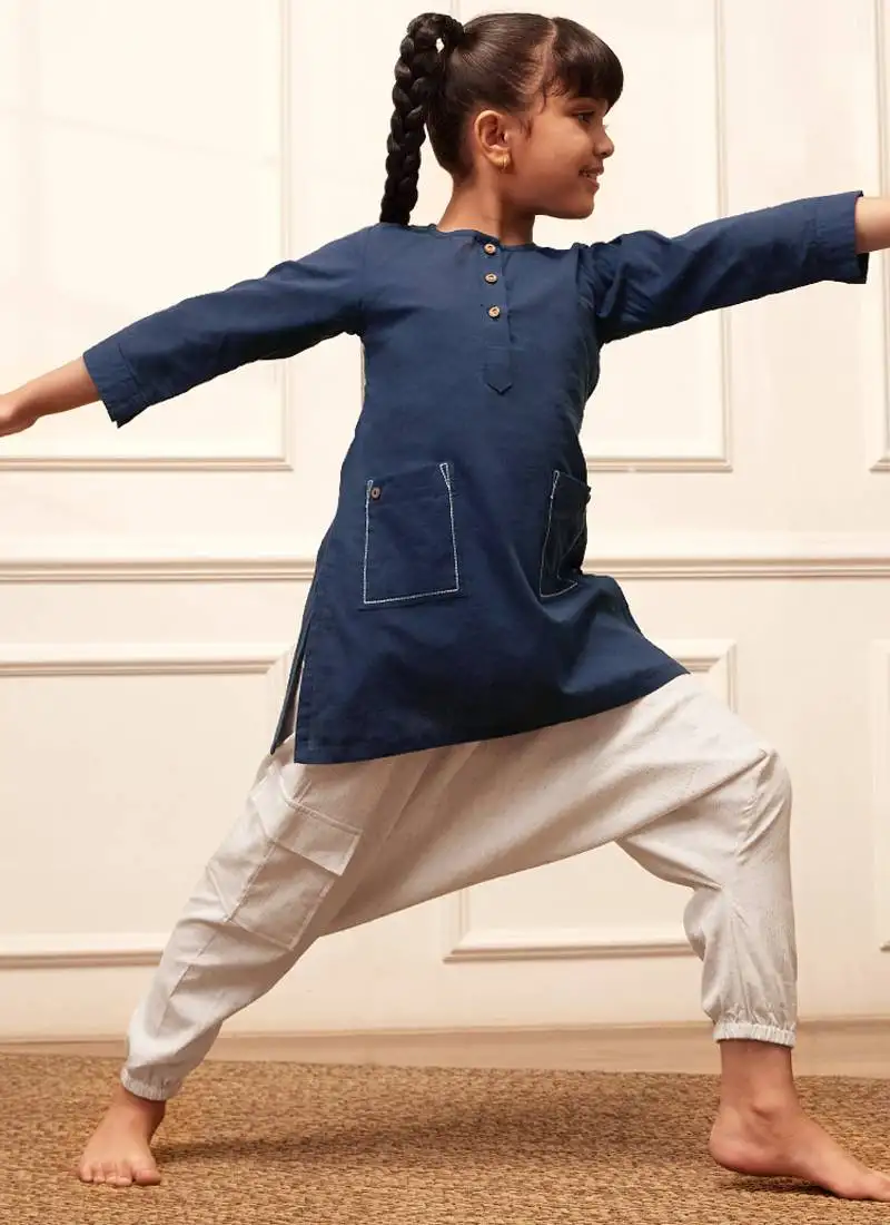 Girl's navy blue cotton kurta and harem pant set with kantha