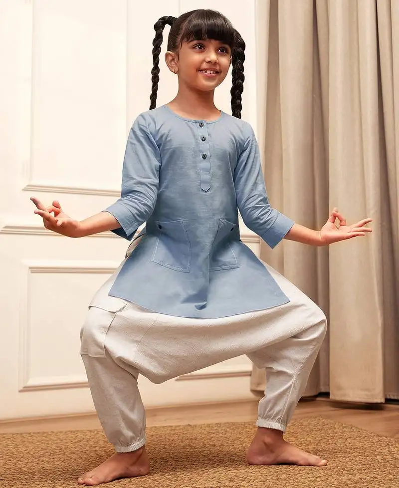 Girl's aqua cotton kurta and harem pant set with kantha