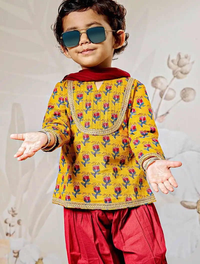 Girl's traditional mustard cotton kurta patiala set with dupatta floral print for festival wear (22-30)