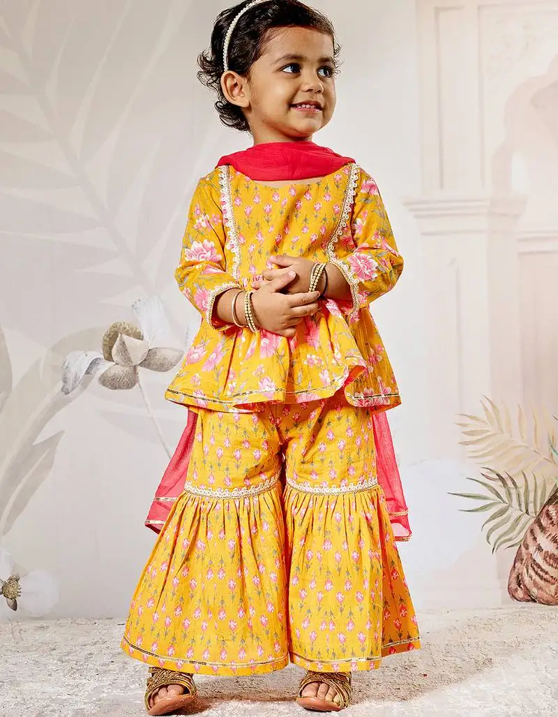 Girl's orange cotton kurta sharara set - raksha bandhan festive ethnic wear with floral print & dupatta (ages 14-20)