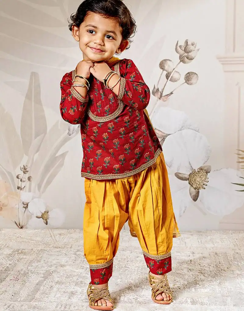 Girl's traditional raksha bandhan outfit - red cotton kurta patiala set with dupatta floral print for festival wear