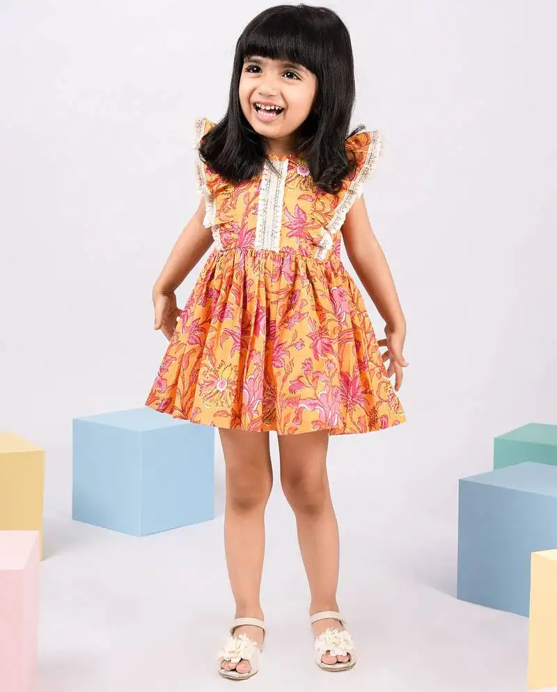 Girl's mustard floral cotton dress - sleeveless summer dress with all-over print (ages 1-5)
