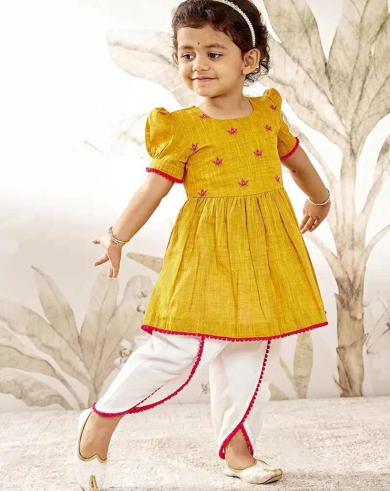 Girl's traditional janmashtami outfit - mustard cotton kurta dhoti set with thread embroidery floral print (size 22-30)