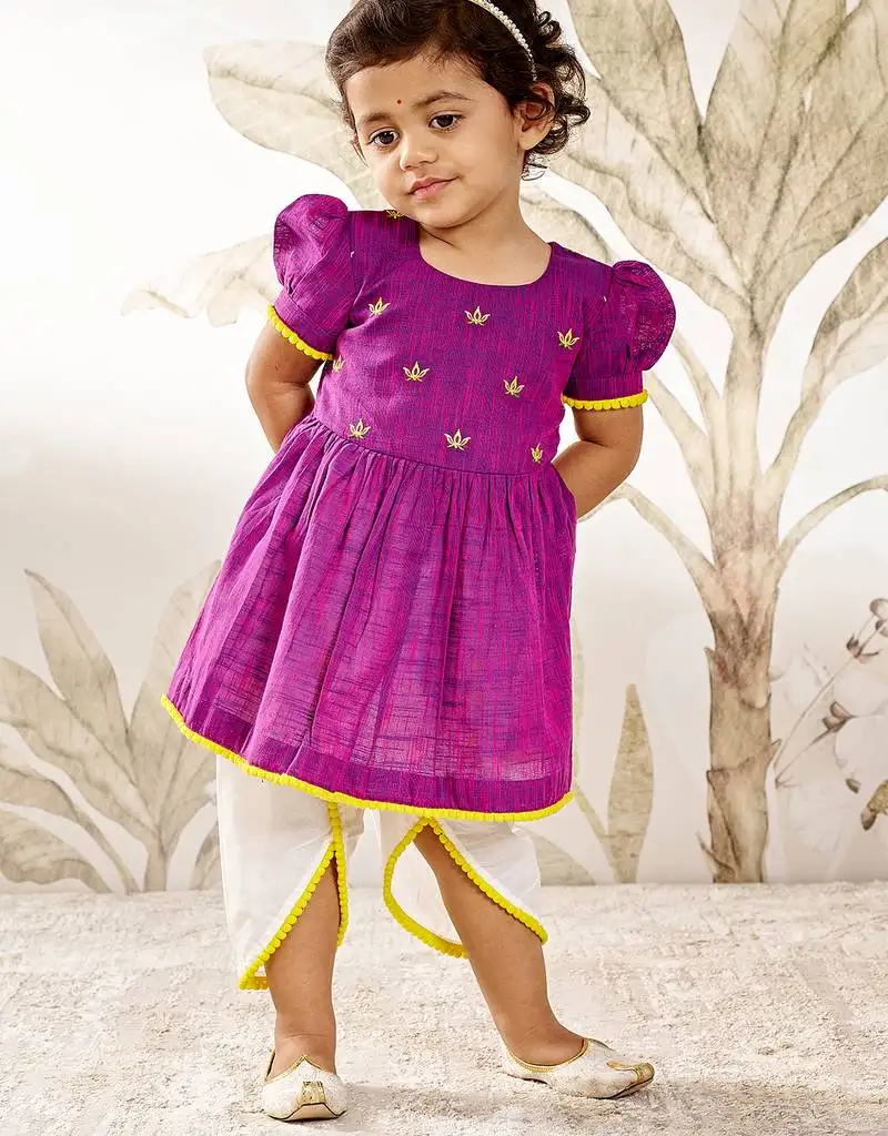 Girl's traditional janmashtami outfit - purple cotton kurta dhoti set with thread embroidery floral print (size 22-30)