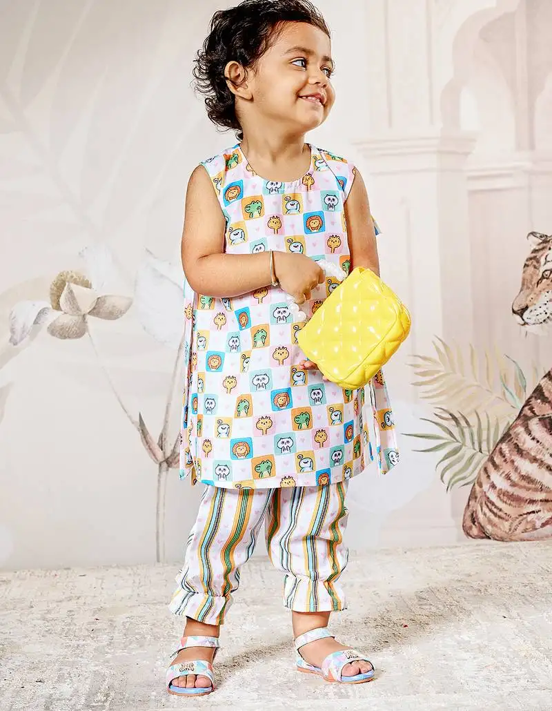 Girl's cotton clothing set - white digital print summer top & pant set ages 12-20