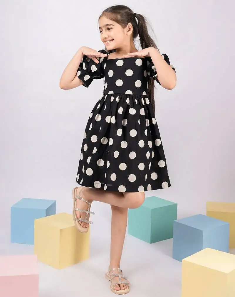 Girl's black polka dot cotton dress - vintage style summer dress with puffed sleeves (ages 2-8)