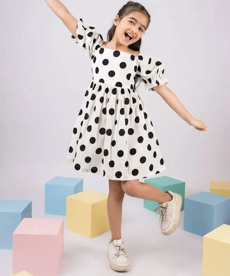 Girl's white polka dot cotton dress - classic summer dress with puffed sleeves (ages 2-8)