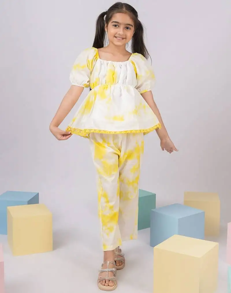 Girl's summer cotton cambric clothing set - yellow tie-dye abstract print top with straight pants (size 22-30)