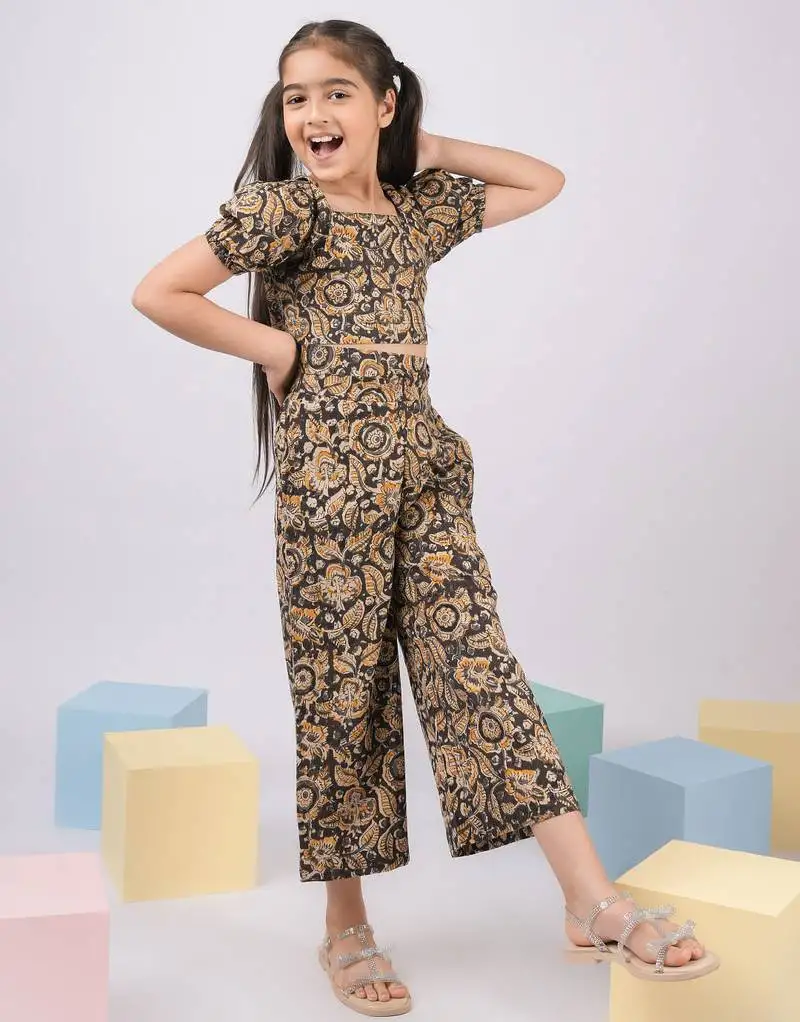 Girl's summer cotton clothing set - black kalamkari block print crop top with wide leg pants for casual wear