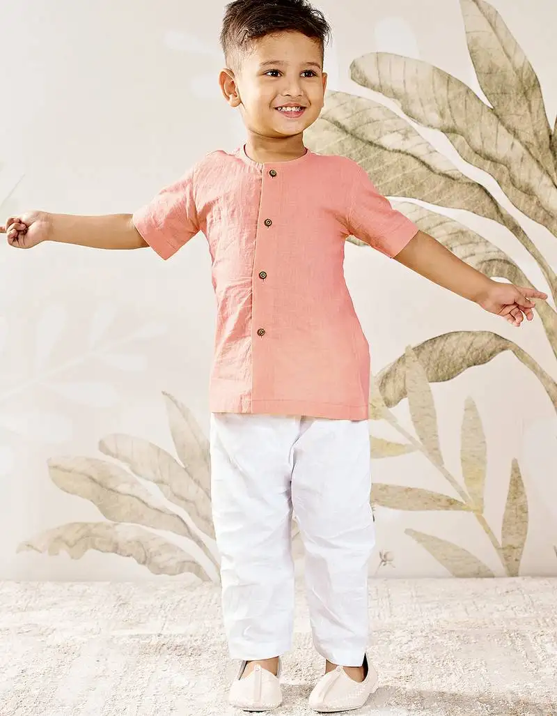 Baby boy's peach cotton kurta pyjama set - traditional festive ethnic wear rakhi festival dress (size 14-20)