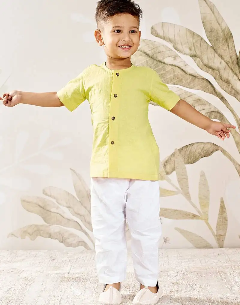 Baby boy's yellow cotton kurta pyjama set - rakhi traditional outfit (size 14-20)