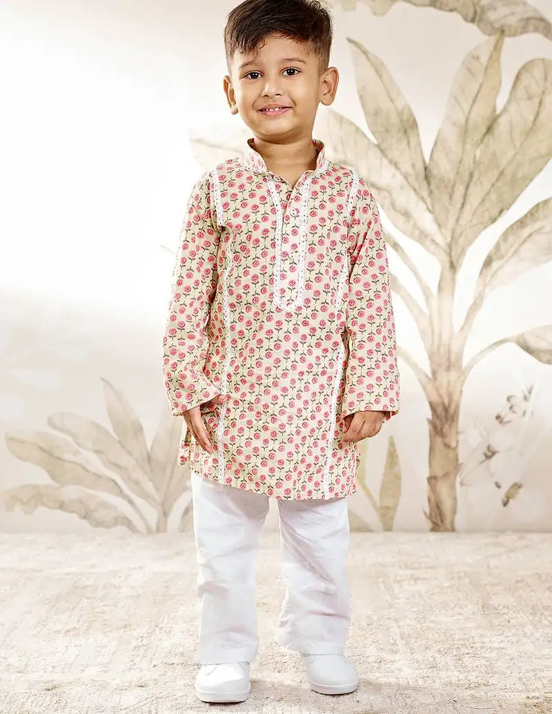 Boy's cotton kurta pyjama set - mint green raksha bandhan traditional ethnic wear with floral print (ages 8-14)
