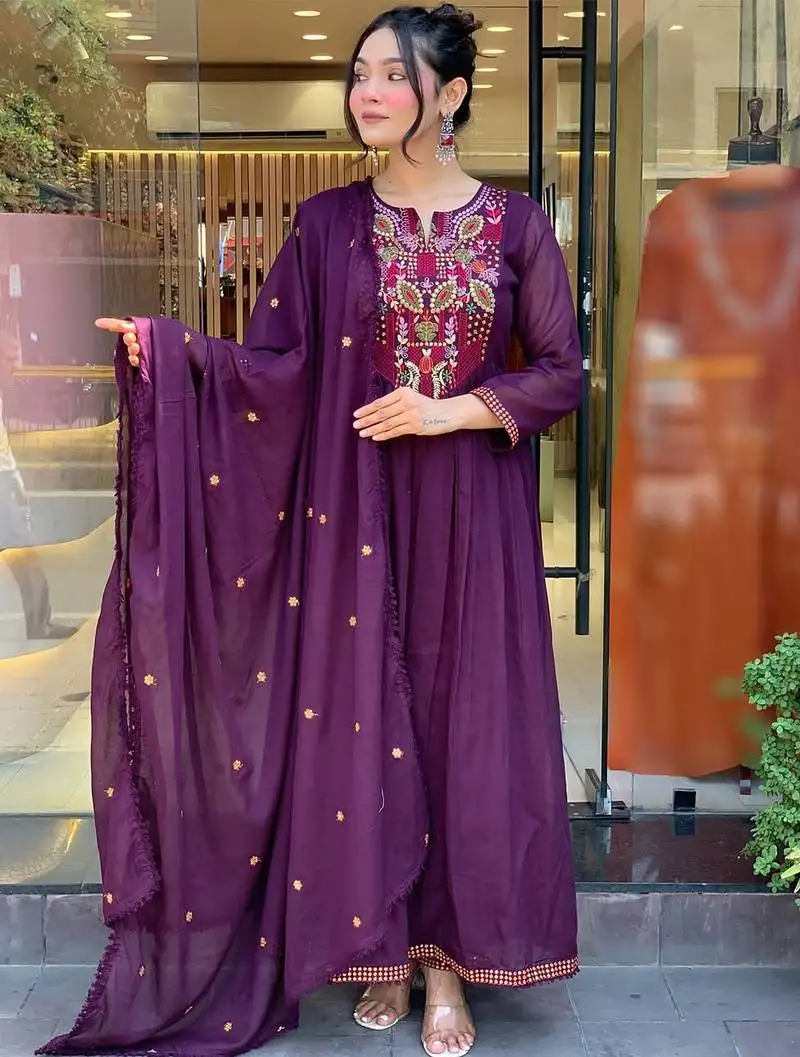 Wine viscose chanderi heavy thread embroidery work kurta pant set
