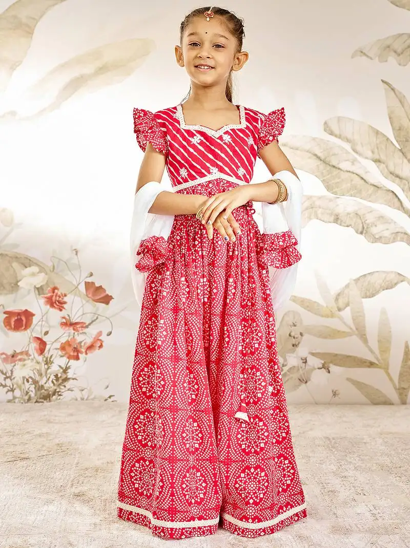 Girl's traditional red cotton lehenga set with embroidery mirror work and dupatta for wedding festival wear (22-30)