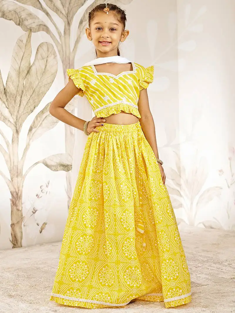 Girl's traditional yellow cotton lehenga set with embroidery mirror work and dupatta for wedding festival wear (22-30)