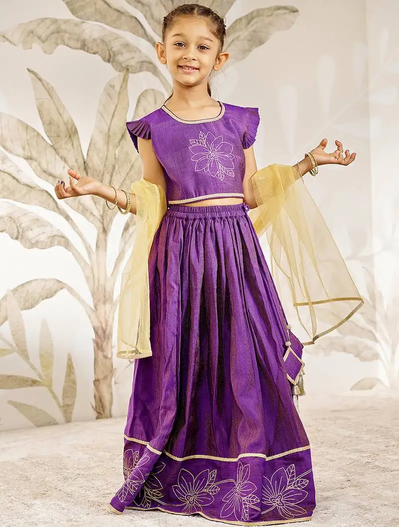 Girl's traditional purple silk lehenga set with thread embroidery and gold dupatta for wedding party wear (22-30)