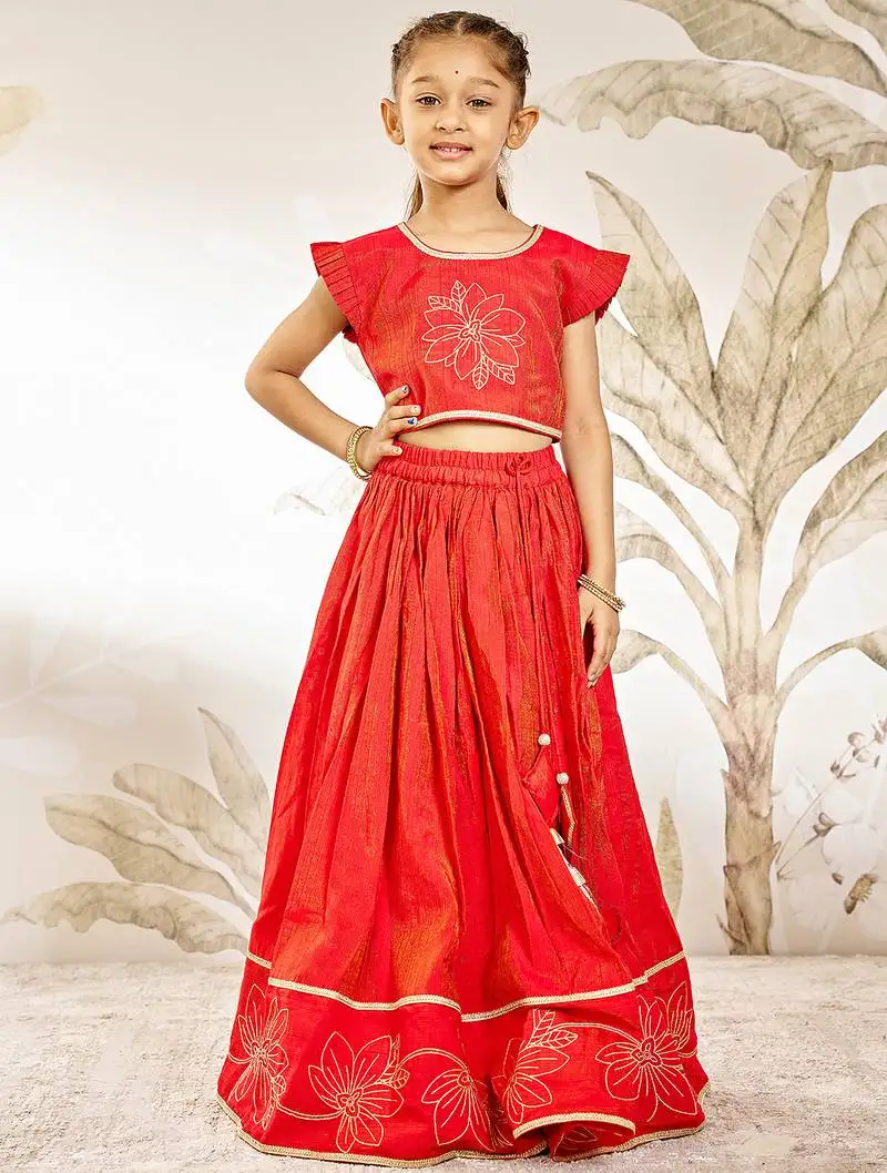 Girl's traditional red silk lehenga set with thread embroidery and gold dupatta for wedding party wear (22-30)