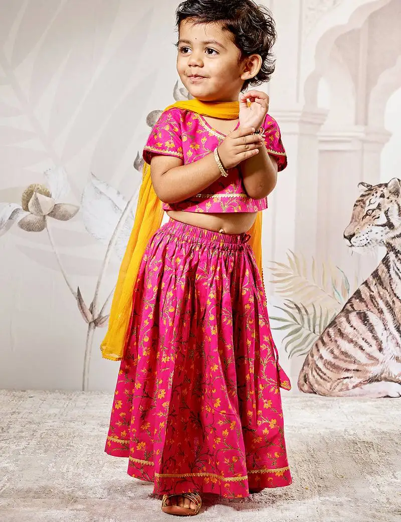 Girl's traditional pink cotton lehenga set with floral print and dupatta for wedding festival wear (22-30)