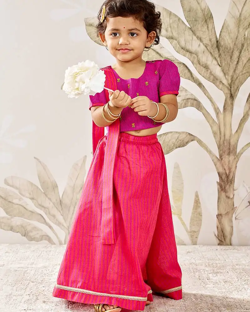 Girl's traditional purple cotton lehenga set with thread embroidery and dupatta for festival wear (22-30)