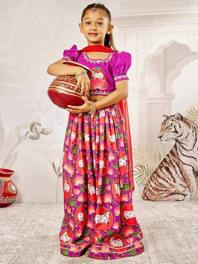 Girl's janmashtami lehenga set | purple & red | digital animal print | festive ethnic wear