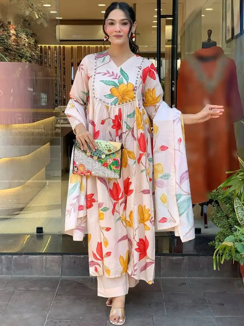 Cream cotton print with thread embroidery work kurta pant set